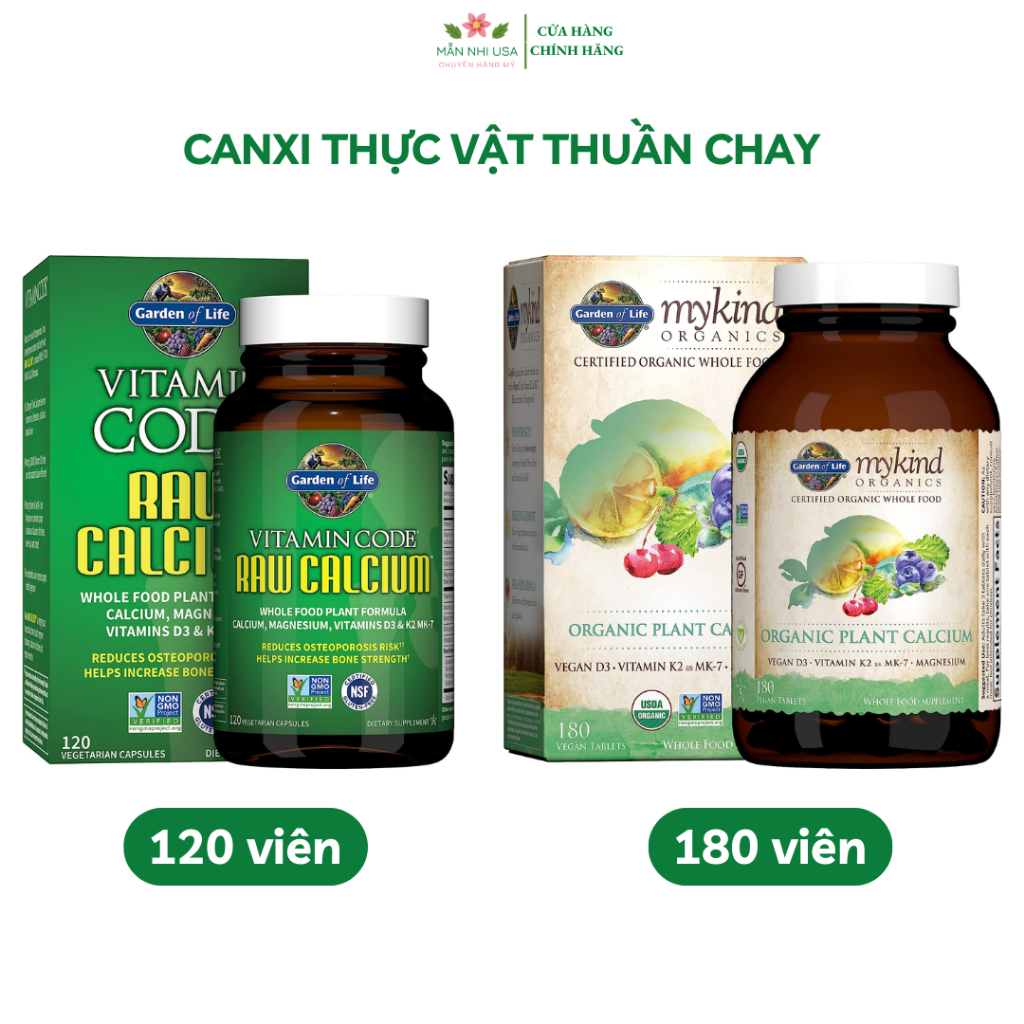 Viên uống Canxi thuần chay từ tảo biển Vitamin Code Raw Calcium Garden Of Life 120 viên