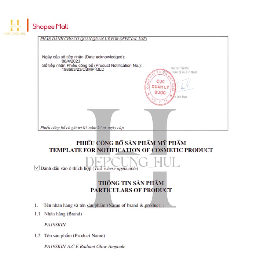 Tinh chất dưỡng trắng PA19 skin A.C.E Rdiant glow ampoule whitening