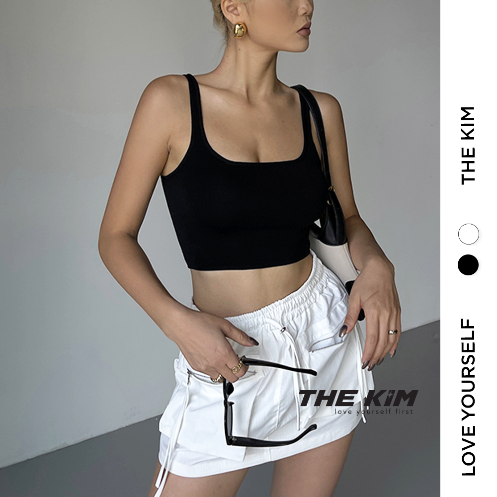 Áo croptop hai dây cổ U thun tăm phối viền màu TheKim, áo thun body dáng lửng cho nữ A175