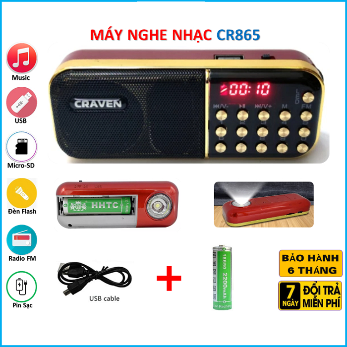 Loa Đài FM Craven CR-865 Hỗ Trợ Thẻ Nhớ/ USB/ Tai Nghe/ Đèn Pin - Dùng Pin Rời 18650 (Đen đỏ)