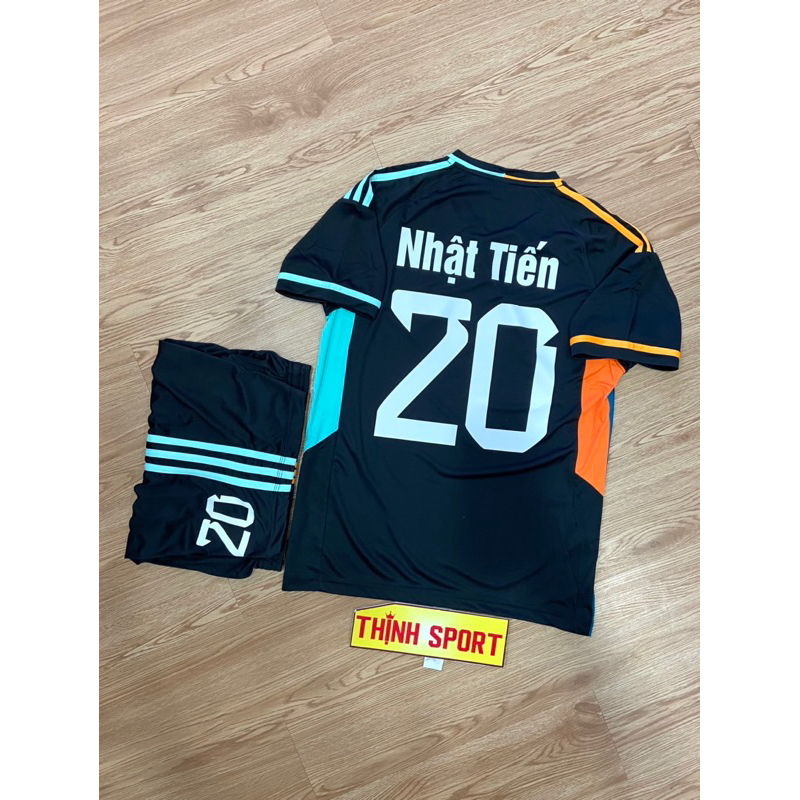 Quần áo bóng đá vải thun lạnh tuyển A gen ti na xanh đen phối cam in tên số theo yêu cầu