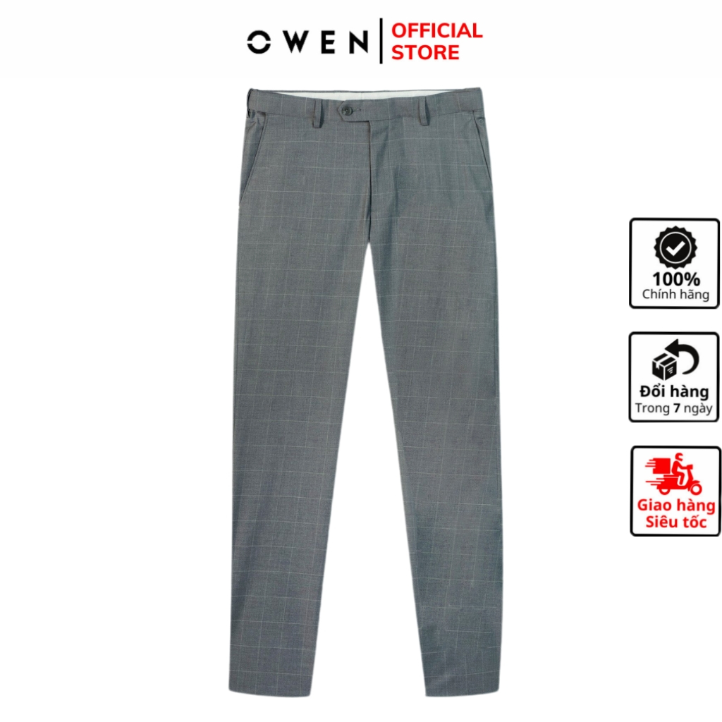 Quần âu tây nam công sở cao cấp OWEN QST231262 dáng slim fit màu kẻ caro ghi sáng vải polyester mềm mát