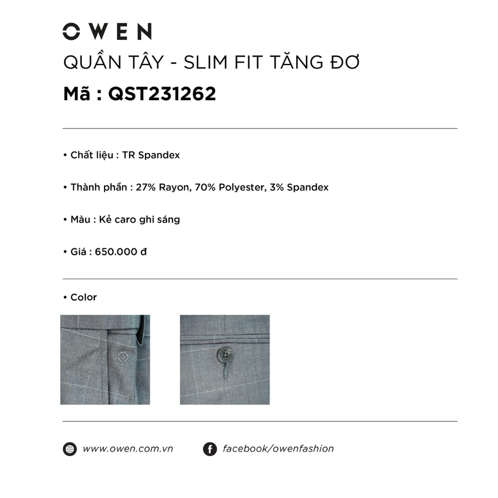 Quần âu tây nam công sở cao cấp OWEN QST231262 dáng slim fit màu kẻ caro ghi sáng vải polyester mềm mát