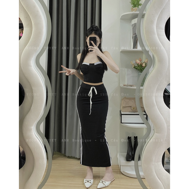 Set áo cúp ngực chân váy dài ôm phối sọc viền