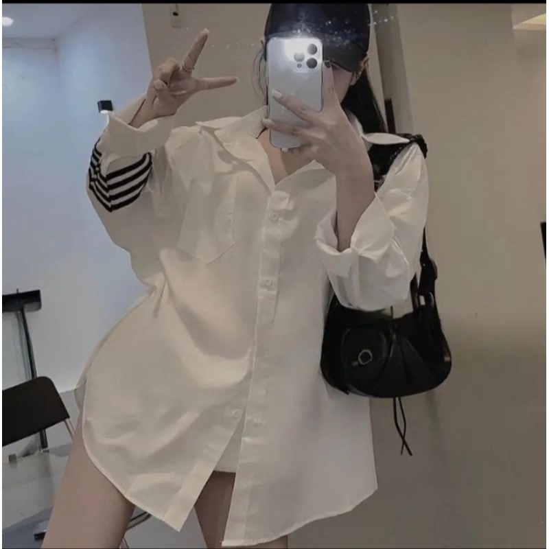 Áo sơ mi trắng dài tay Thom viền kẻ tay đen