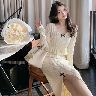 [ LOẠI 1 MỀM/Video Tự Quay] Set váy len nơ chân xẻ tà phong cách tiểu thư Hàn Quốc điệu đà thời trang