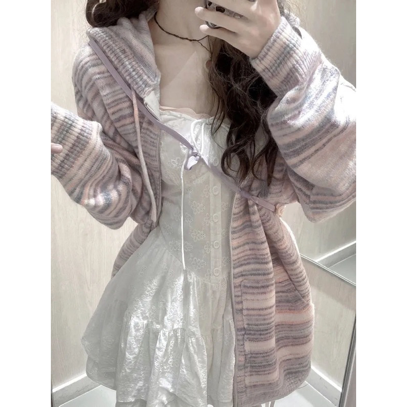 Áo khoác Hoodie họa tiết kẻ sọc thời trang Thu Đông cho nữ hàng QCCC