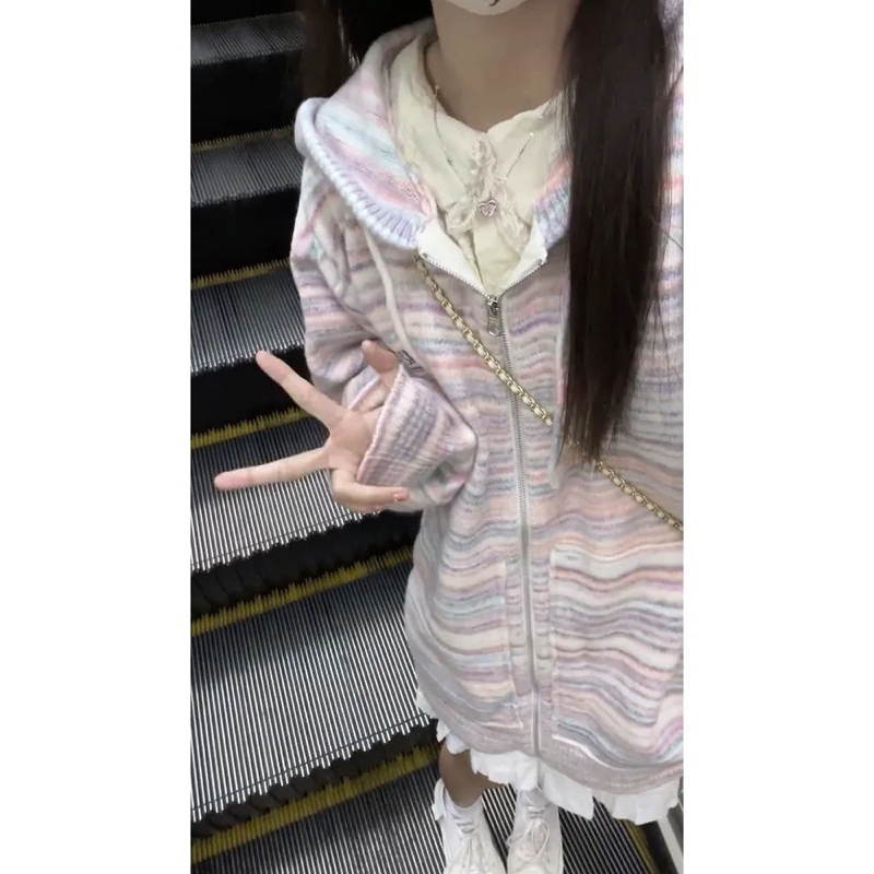 Áo khoác Hoodie họa tiết kẻ sọc thời trang Thu Đông cho nữ hàng QCCC