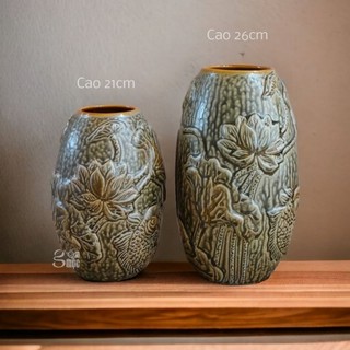 [Gốm Mộc Bát Tràng] Lọ hoa gốm men mộc khắc hoa nổi