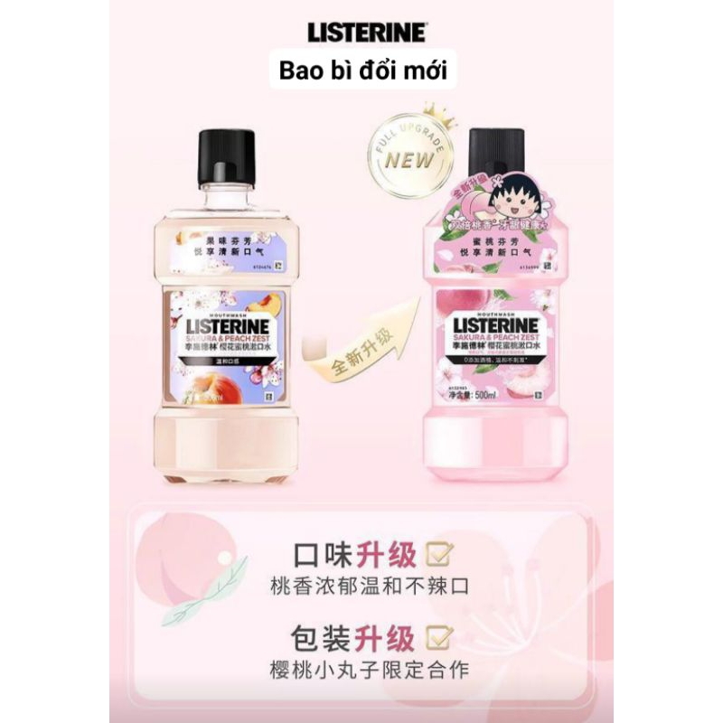 NƯỚC SÚC MIỆNG CHAI LỚN LISTERINE MÙI ĐÀO SAKURA & PEACH THƠM MIỆNG NGỪA SÂU RĂNG HIỆU QUẢ