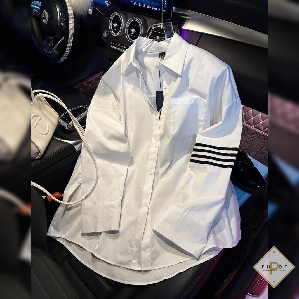 Áo Sơ Mi Trắng Nữ Dáng Trùm Mông 3 Sọc Tay - Áo Somi Nữ Ulzzang Dài Tay Dáng Rộng Đi Học