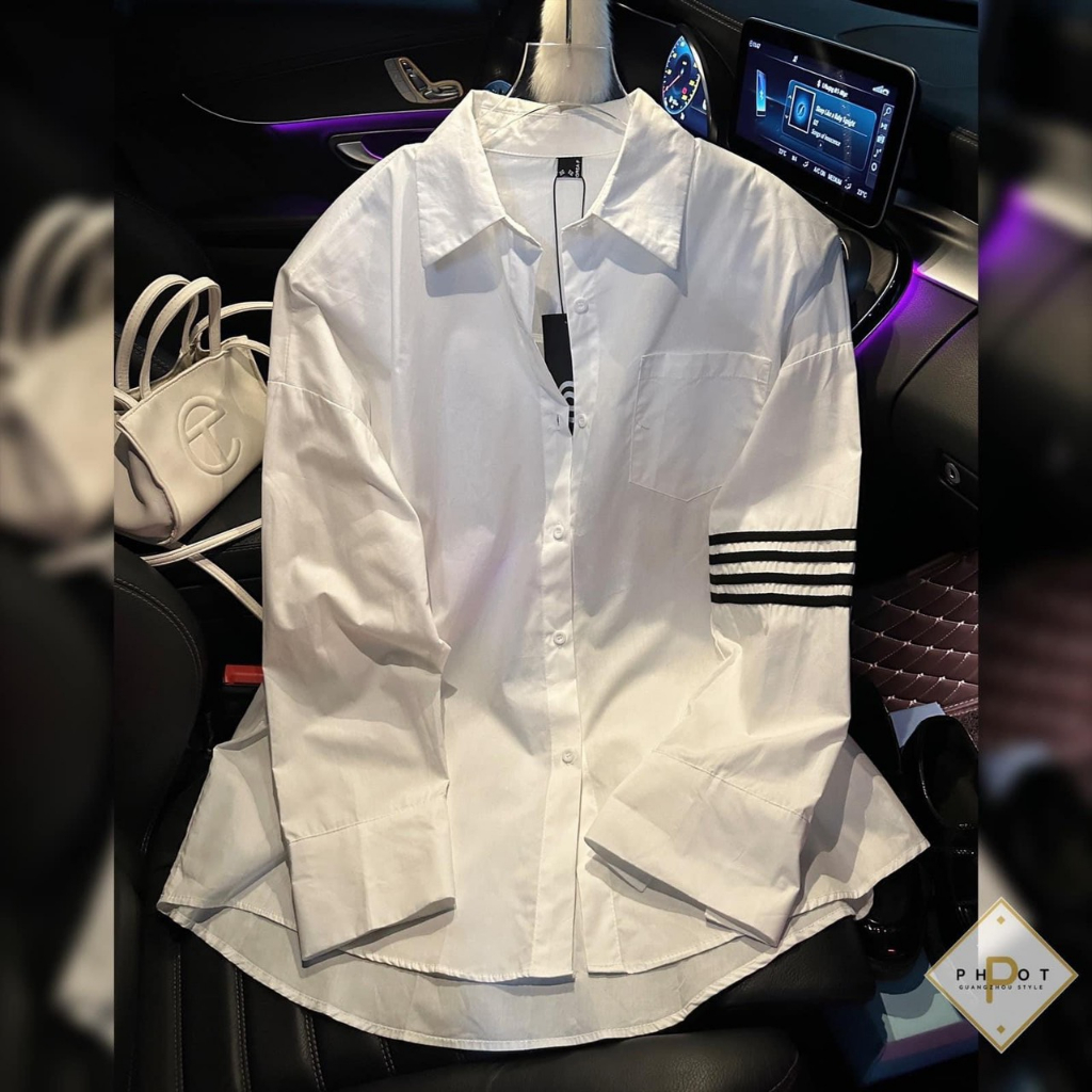 Áo Sơ Mi Trắng Nữ Dáng Trùm Mông 3 Sọc Tay - Áo Somi Nữ Ulzzang Dài Tay Dáng Rộng Đi Học