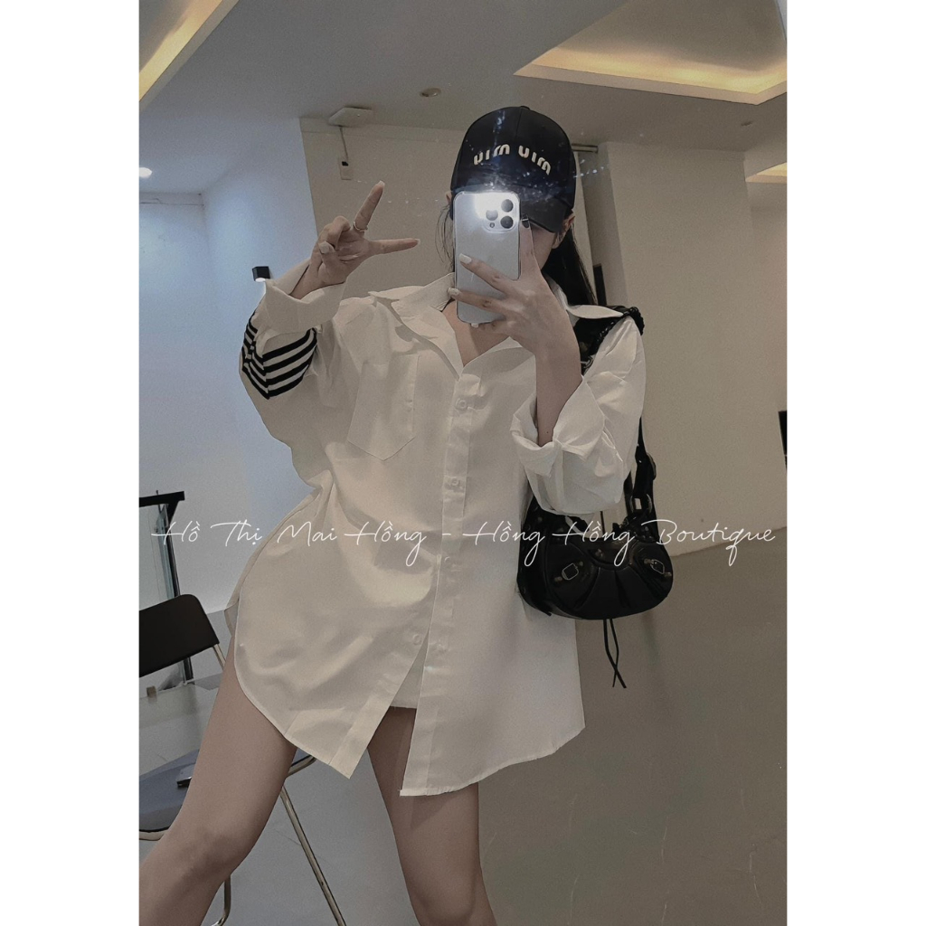 Áo Sơ Mi Trắng Nữ Dáng Trùm Mông 3 Sọc Tay - Áo Somi Nữ Ulzzang Dài Tay Dáng Rộng Đi Học