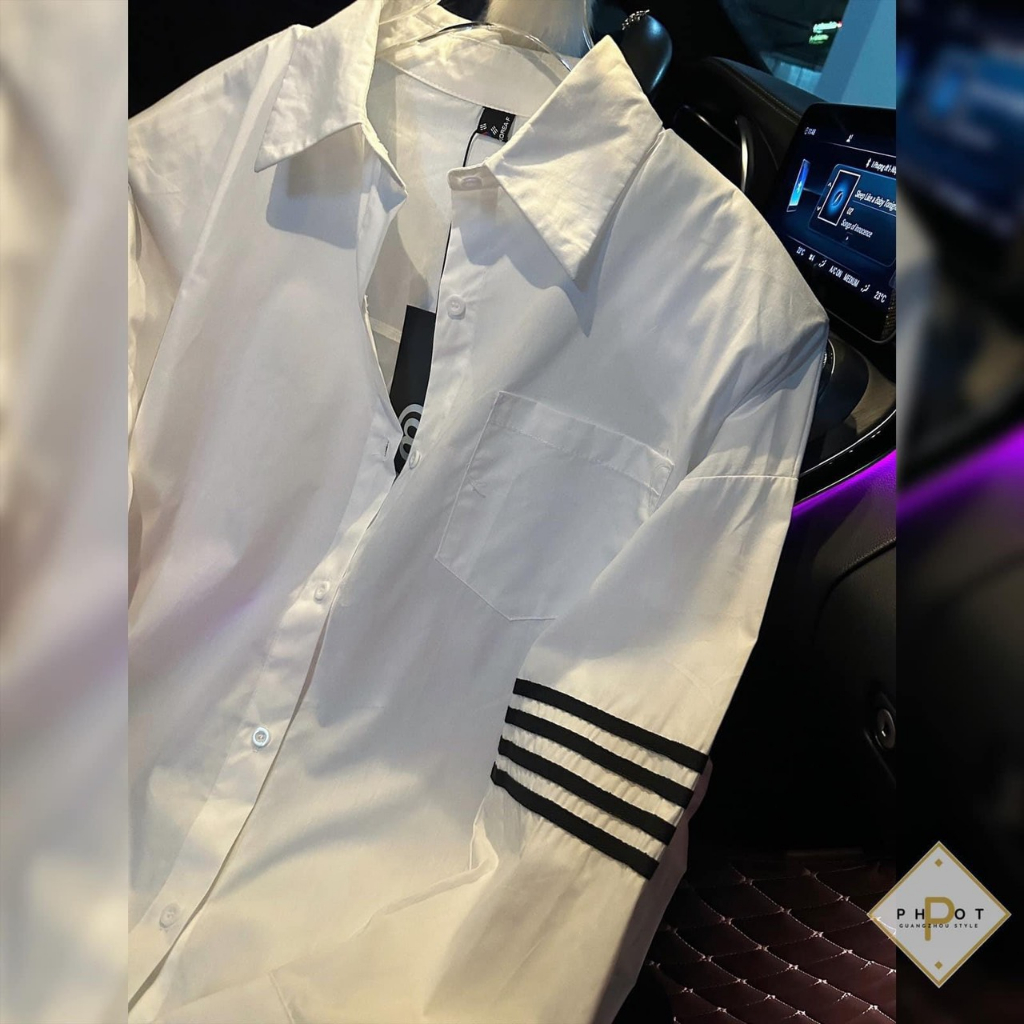 Áo Sơ Mi Trắng Nữ Dáng Trùm Mông 3 Sọc Tay - Áo Somi Nữ Ulzzang Dài Tay Dáng Rộng Đi Học