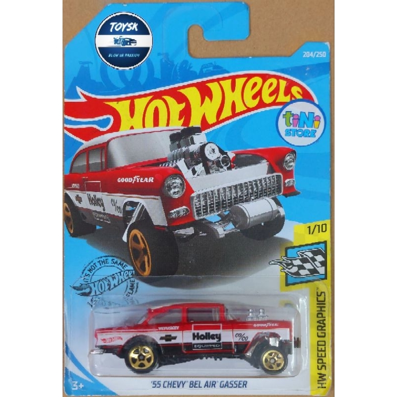 Toysk xe mô hình tĩnh 55 Chevy Bel Air Gasser Hotwheels basic Trắng đỏ tỷ lệ 1:64