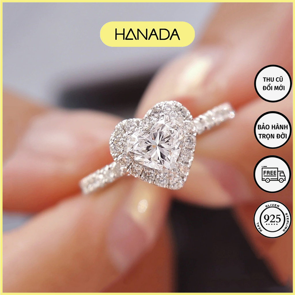 Nhẫn Bạc 925 Hanada Trái Tim Đính Đá Tiêu Thư Nhẫn Đi Tiệc Heart Ring 1135