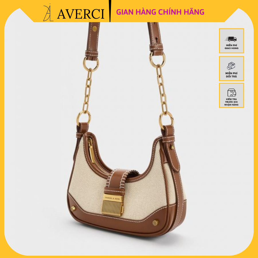 AVERCI Túi Xách Da C.K Phối Canvas, Túi Xách Nữ Da Khóa Phím Đàn, Túi Xách Bán Nguyệt Đeo Chéo Kẹp Nách 2 Màu Đen - Nâu