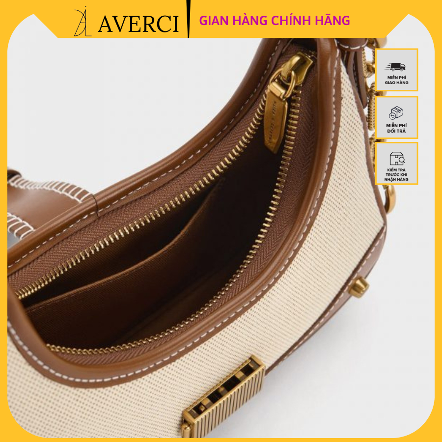 AVERCI Túi Xách Da C.K Phối Canvas, Túi Xách Nữ Da Khóa Phím Đàn, Túi Xách Bán Nguyệt Đeo Chéo Kẹp Nách 2 Màu Đen - Nâu