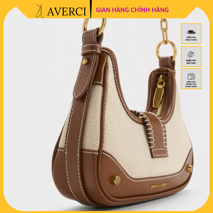AVERCI Túi Xách Da C.K Phối Canvas, Túi Xách Nữ Da Khóa Phím Đàn, Túi Xách Bán Nguyệt Đeo Chéo Kẹp Nách 2 Màu Đen - Nâu