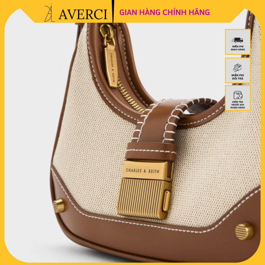 AVERCI Túi Xách Da C.K Phối Canvas, Túi Xách Nữ Da Khóa Phím Đàn, Túi Xách Bán Nguyệt Đeo Chéo Kẹp Nách 2 Màu Đen - Nâu