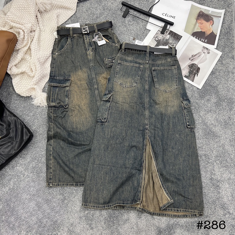 Chân váy jeans bò loang túi hộp khoá hàng QCL1