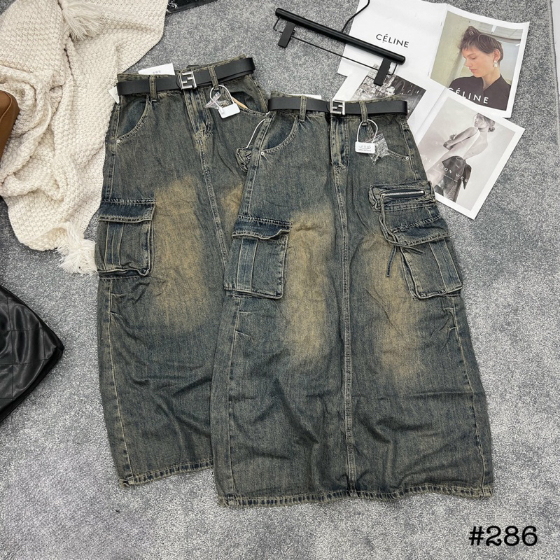 Chân váy jeans bò loang túi hộp khoá hàng QCL1