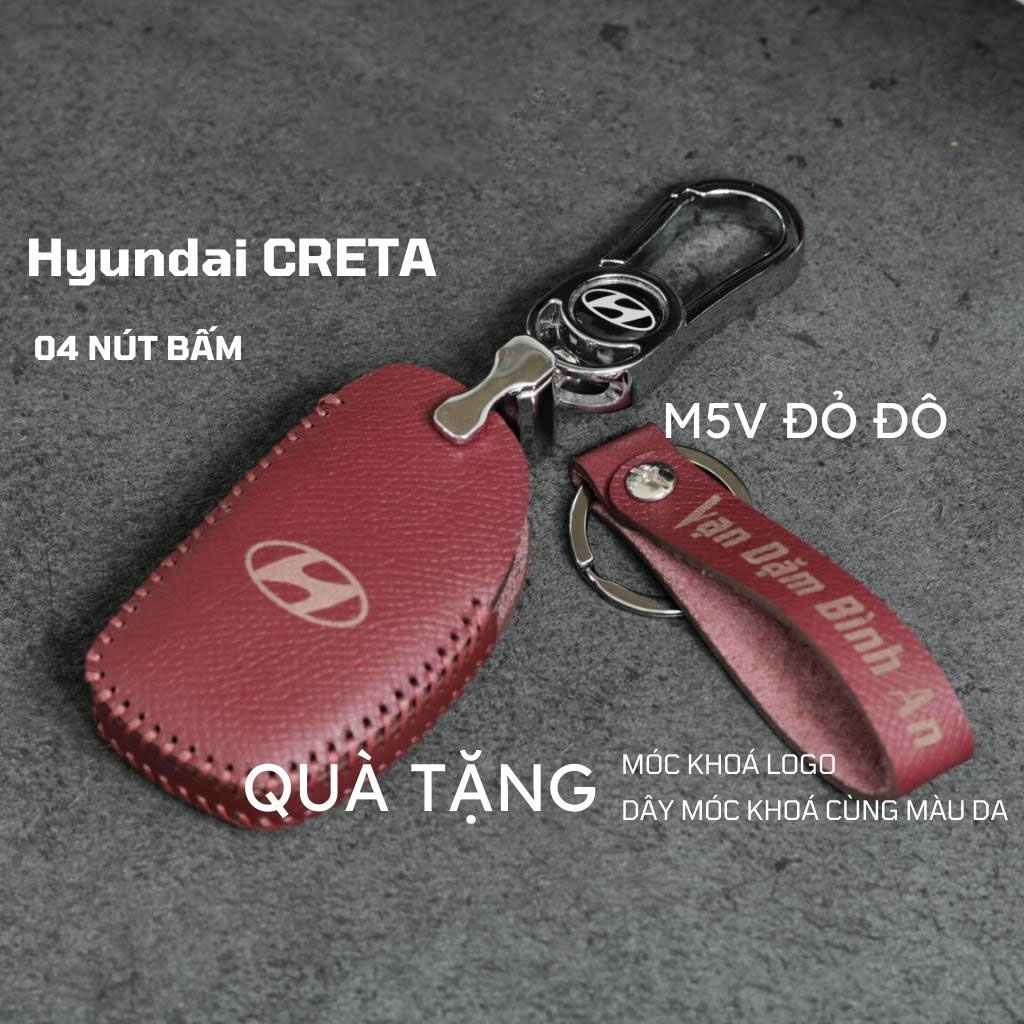 Bao da móc khoá bọc ốp chìa khóa xe ô tô Hyundai Creta 2023, Hyundai Stargazer 2022 2023 4 nút da bò thật