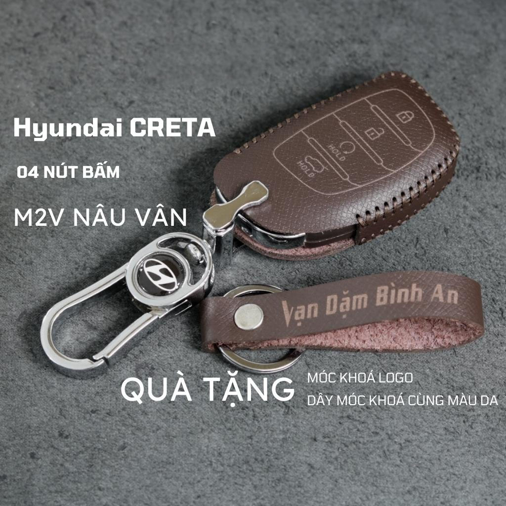 Bao da móc khoá bọc ốp chìa khóa xe ô tô Hyundai Creta 2023, Hyundai Stargazer 2022 2023 4 nút da bò thật
