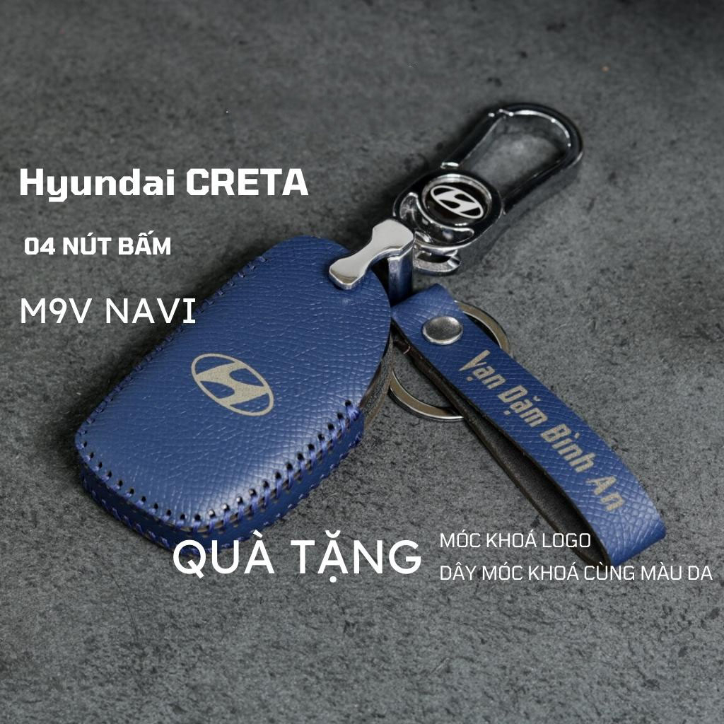 Bao da móc khoá bọc ốp chìa khóa xe ô tô Hyundai Creta 2023, Hyundai Stargazer 2022 2023 4 nút da bò thật