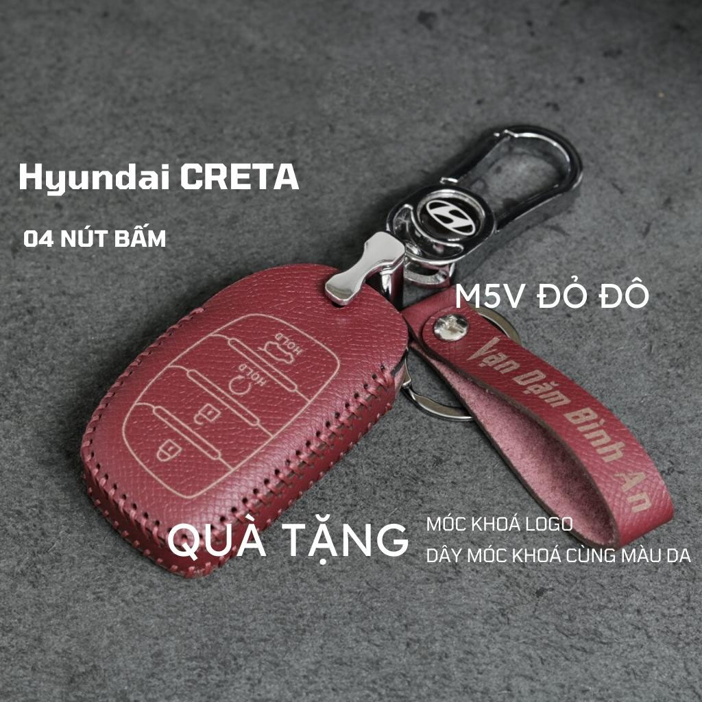 Bao da móc khoá bọc ốp chìa khóa xe ô tô Hyundai Creta 2023, Hyundai Stargazer 2022 2023 4 nút da bò thật