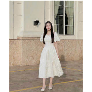 [Hình thật chụp sàn] Đầm maxi đầm trắng cổ thuyền tay phồng xoắn ngực