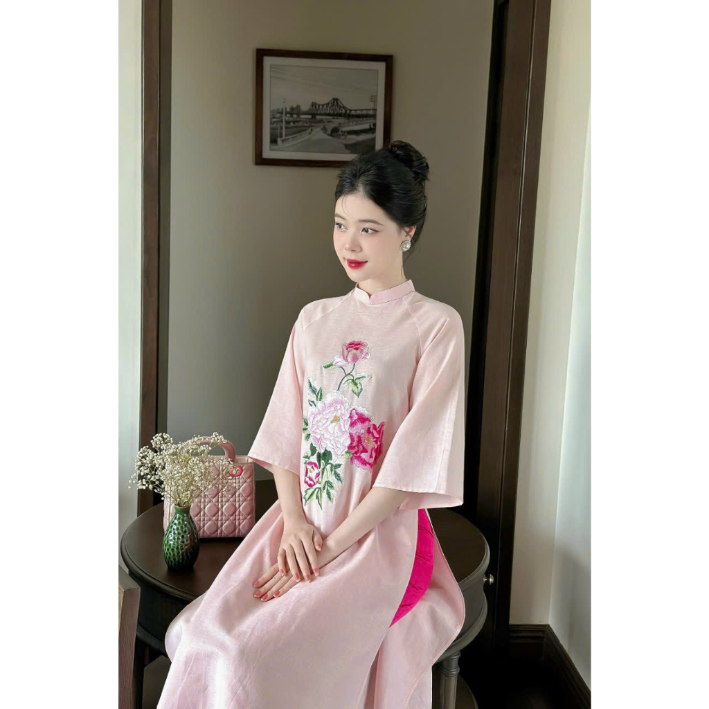 Áo Dài Tết Cách Tân Cao Cấp Loại 1   Áo Dài Truyền Thống Dài May Sẵn Chất Liệu Lụa Họa Tiết Thêu