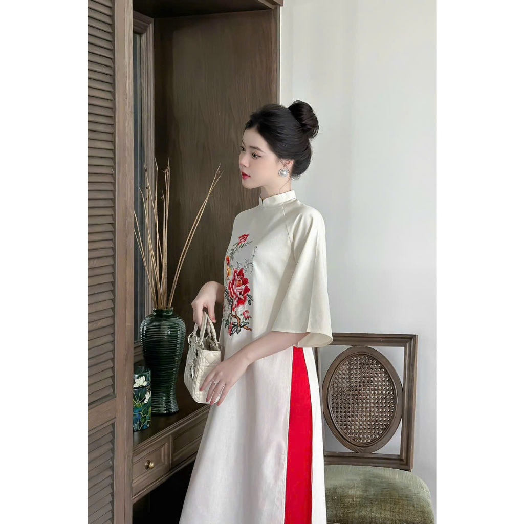 Áo Dài Tết Cách Tân Cao Cấp Loại 1   Áo Dài Truyền Thống Dài May Sẵn Chất Liệu Lụa Họa Tiết Thêu