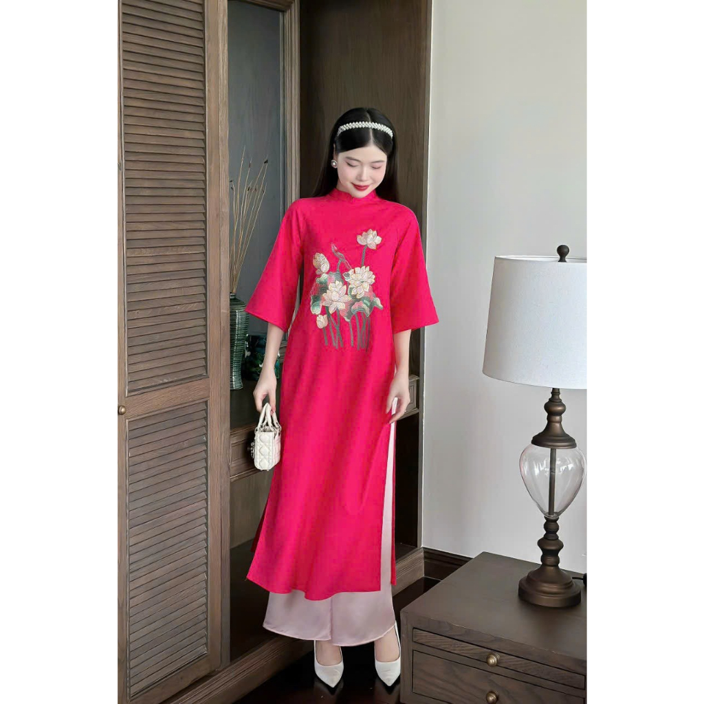 Áo Dài Tết Cách Tân Cao Cấp Loại 1   Áo Dài Truyền Thống Dài May Sẵn Chất Liệu Lụa Họa Tiết Thêu