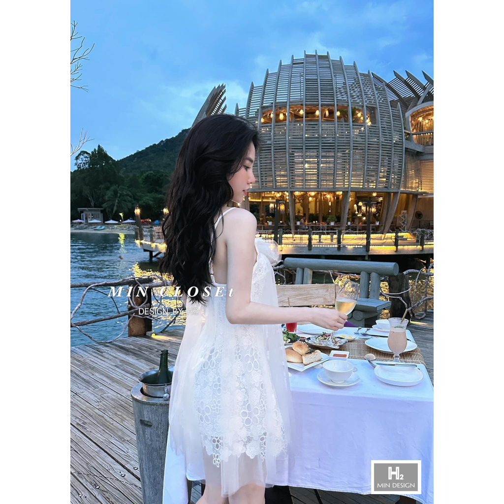 Váy voan 2 dây xòe nơ tiểu thư