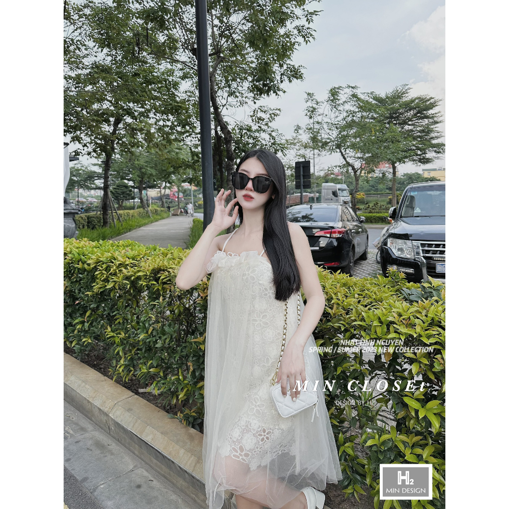 Váy voan 2 dây xòe nơ tiểu thư