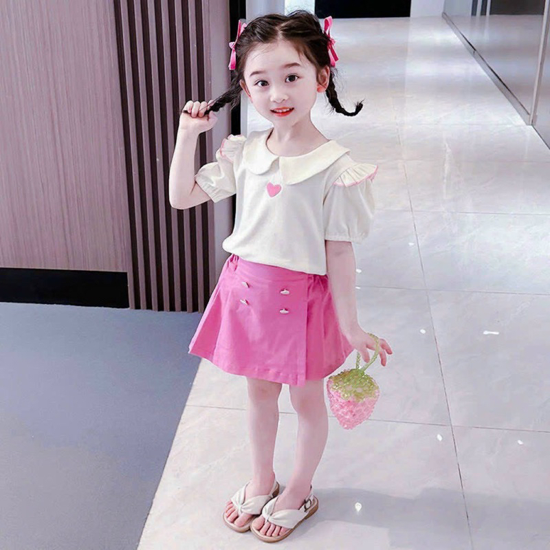sét chân váy áo cotton xịn viền hồng trái tim cổ tk chạy viền xinh 8-26kg (sj Add zaI0 giá tận gốc)