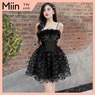 Váy 2 dây lông tơ dây đá chân ren hồ điệp