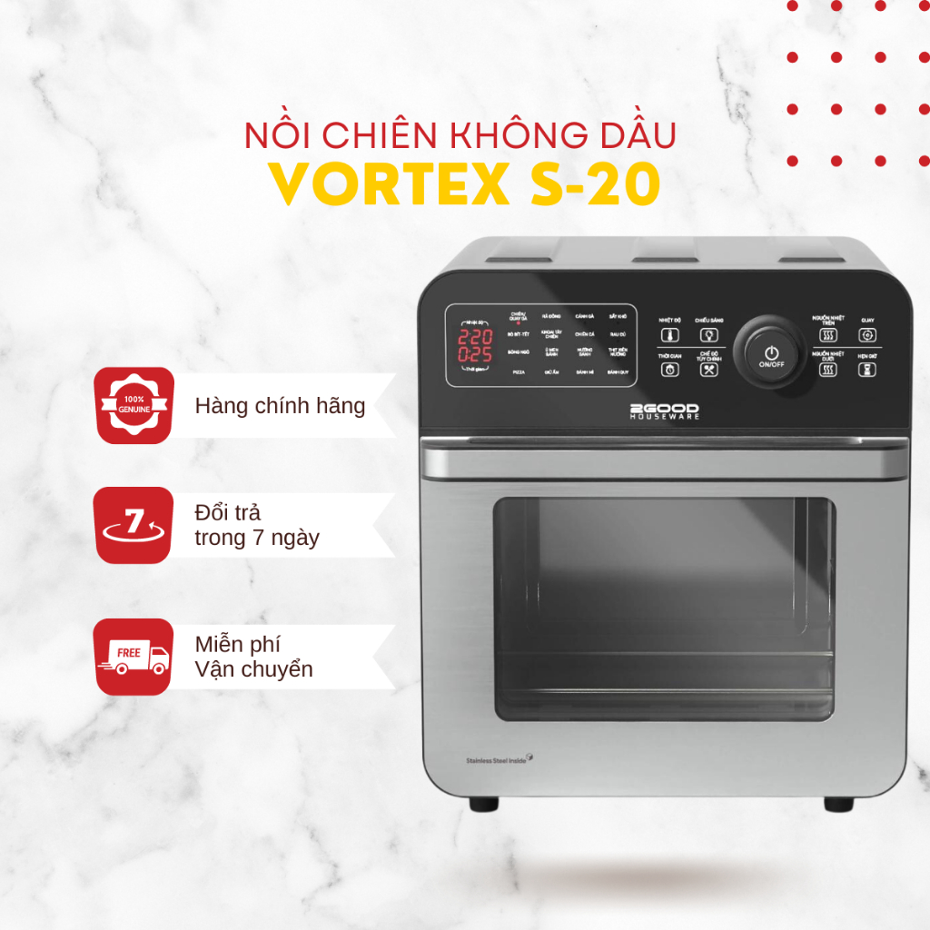 [Chính Hãng] Nồi Chiên Không Dầu 2GOOD Vortex S-20, Lõi Inox 304BA bóng (14.5L)