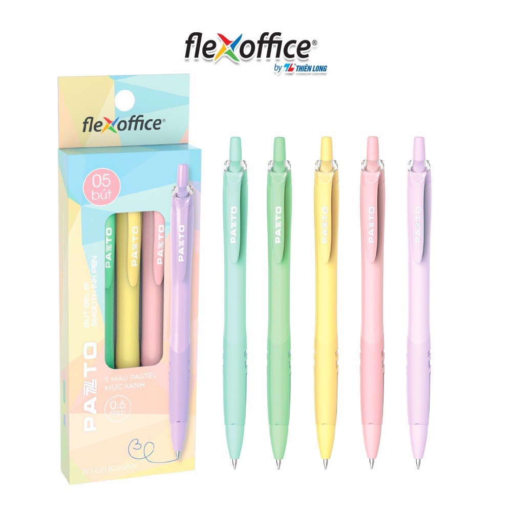 Hộp 5 Bút Gel Bấm 0.6 mm Màu Pastel Pazto - Flexoffice FO-GELB039 - Mực Xanh, chính hãng Thiên Long