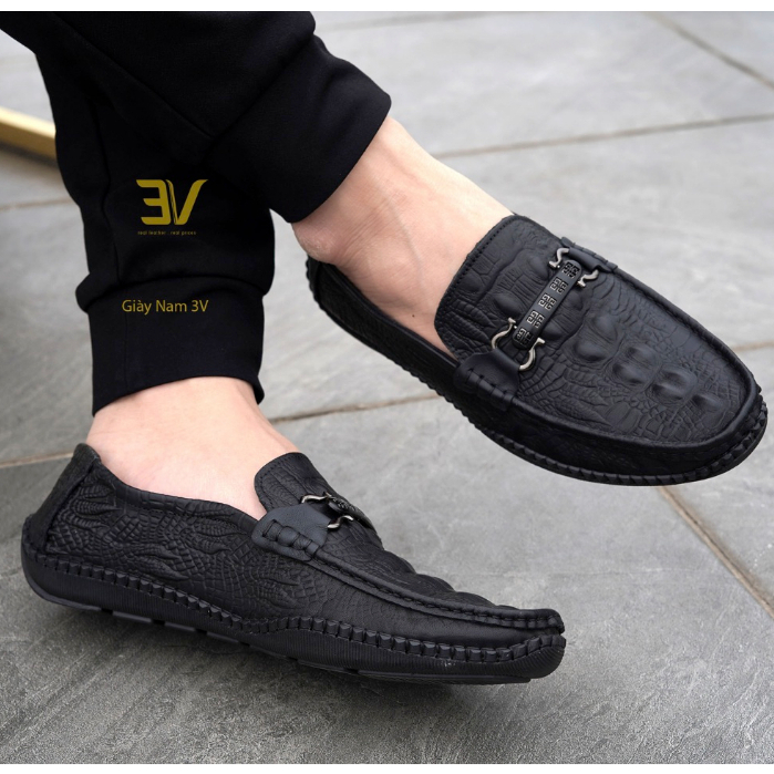 Giày lười nam in vân 3D - Giày nam da bò thật đế khâu chỉ siêu bền, bảo hành 24 tháng - 3V406