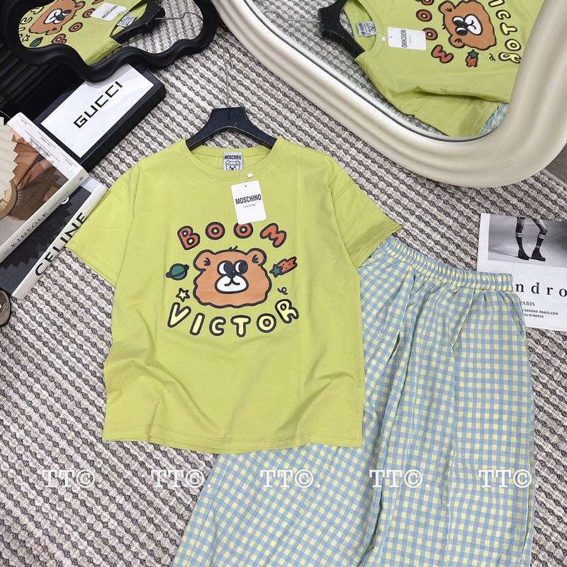 Set Bộ Áo Cotton Tàu Phối Quần Kẻ Dễ Thương Mã TT92
