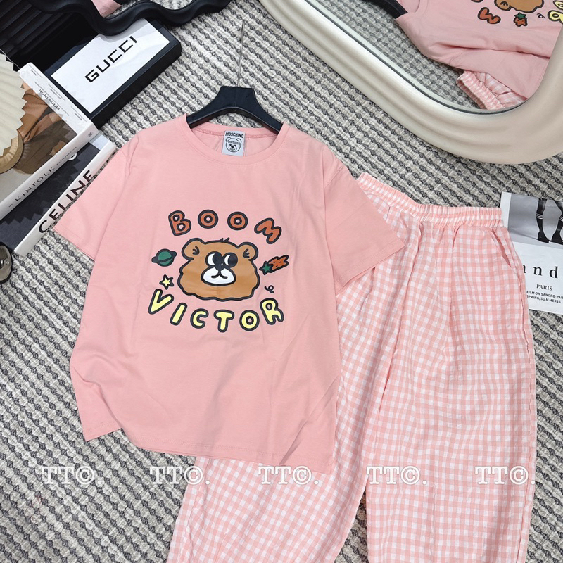 Set Bộ Áo Cotton Tàu Phối Quần Kẻ Dễ Thương Mã TT92