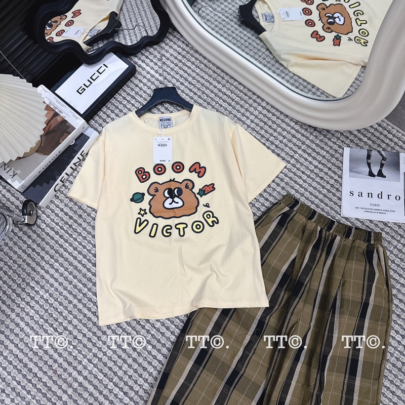 Set Bộ Áo Cotton Tàu Phối Quần Kẻ Dễ Thương Mã TT92