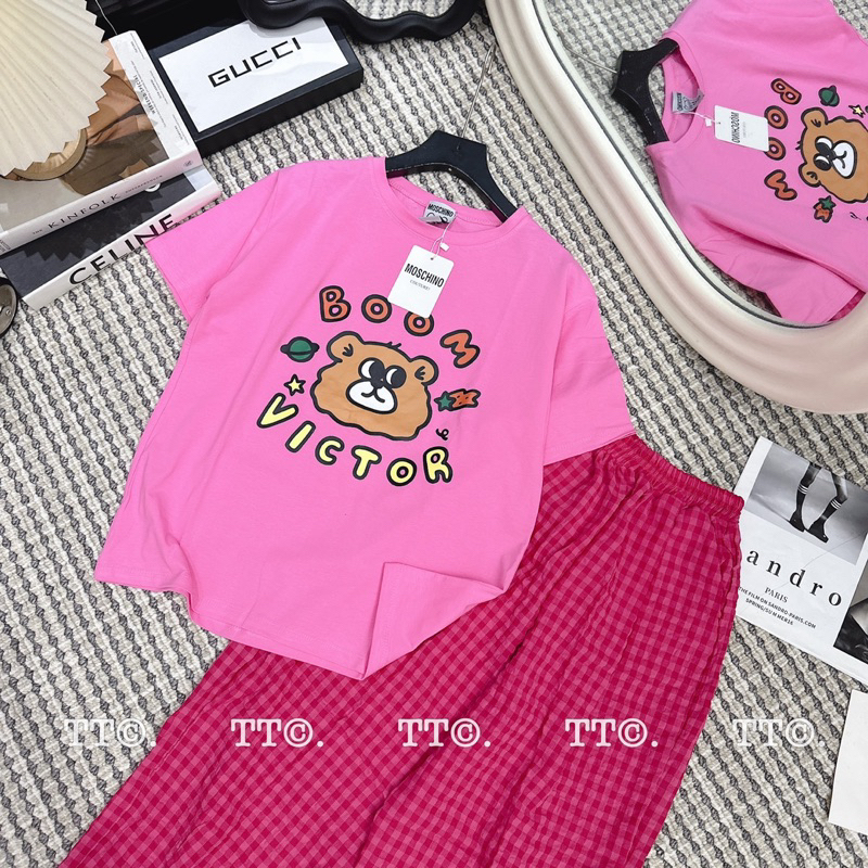 Set Bộ Áo Cotton Tàu Phối Quần Kẻ Dễ Thương Mã TT92