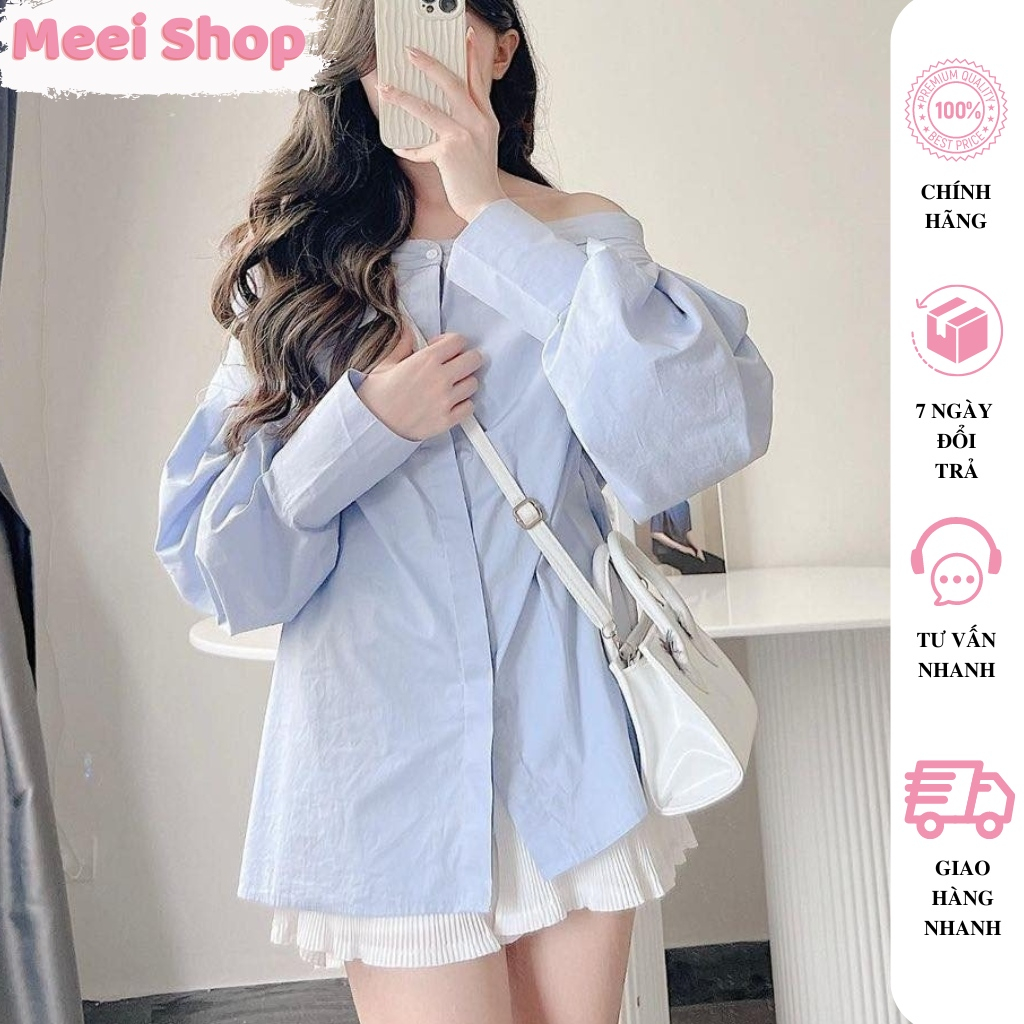 Áo sơ mi trễ vai tay dài nữ Meei Shop, Áo sơ mi kiểu tay phồng phong cách hàn quốc -ASM1-