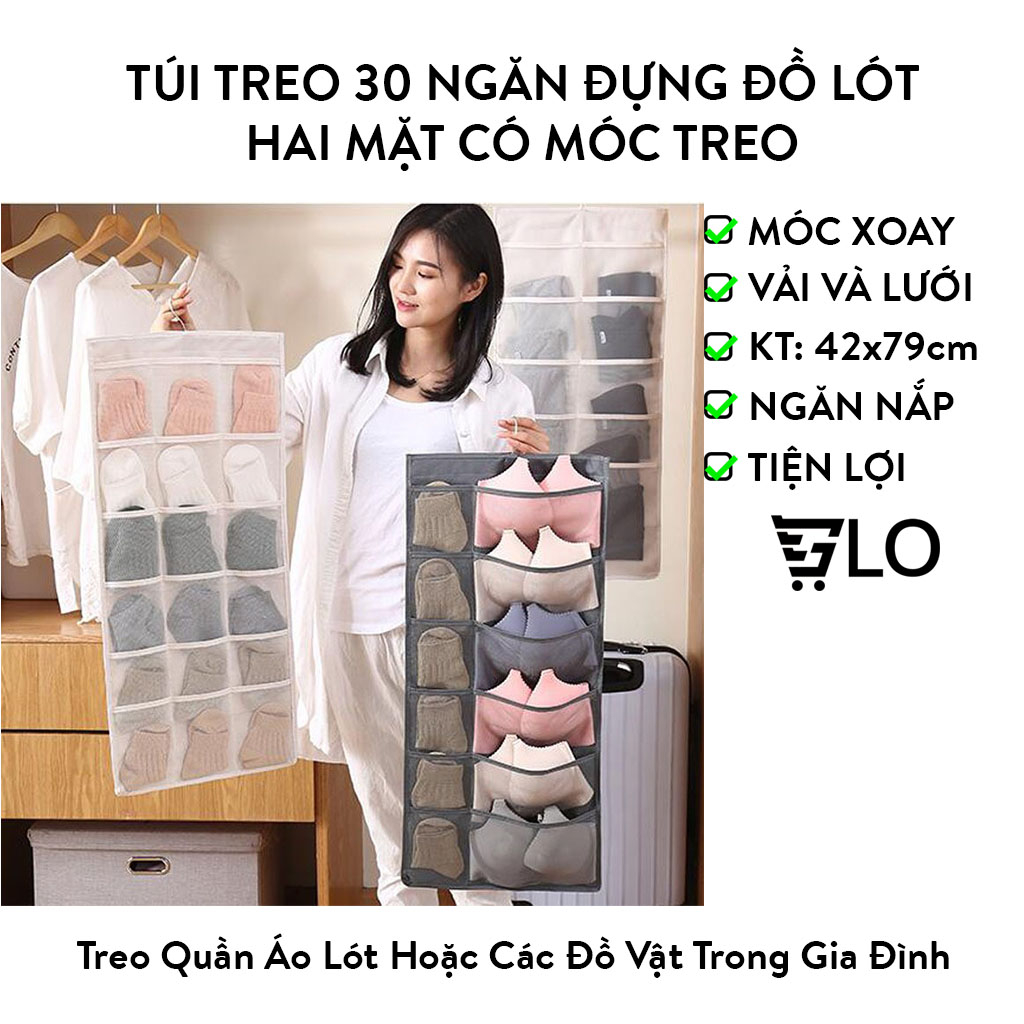 Túi Treo 30 Ngăn (Ô) Đựng Đồ Lót, Quần Áo Lót, Tất Vớ, Đồ Dùng 2 Mặt Có Móc Treo