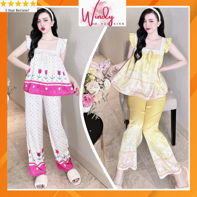 Đồ bộ mặc nhà pizama nữ đẹp tay ngắn quần dài vải lụa latin in 3D cao cấp mịn mát freesize dưới 60kg WINDY BOUTIQUE S51