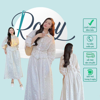 Set áo trắng ren xô lổ rút dây eo kèm chân váy midi dài Freesize Rossy Fashion - SR280