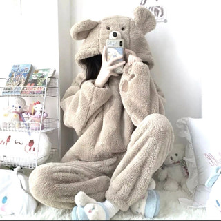 Bộ lông cừu mặc nhà hàng cao cấp, sét bộ lông, bộ ngủ dáng rộng ulzzang thêu mũ tay ấm áp